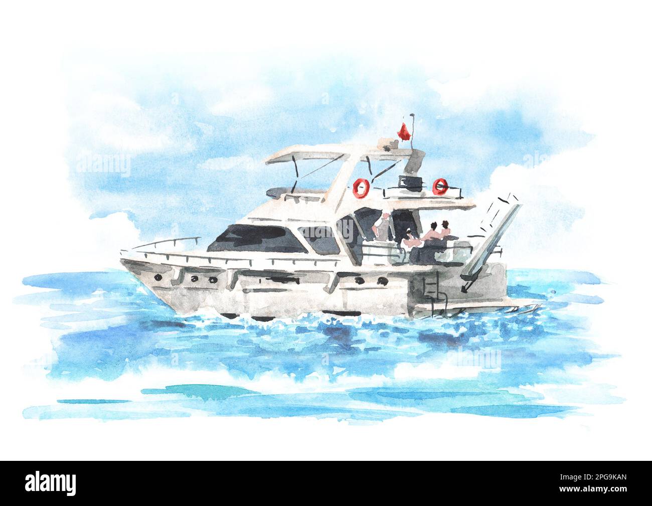 Seeschiff, Yacht auf den Wellen und blauer Himmel. Handgezeichnete Aquarelldarstellung, isoliert auf weißem Hintergrund Stockfoto