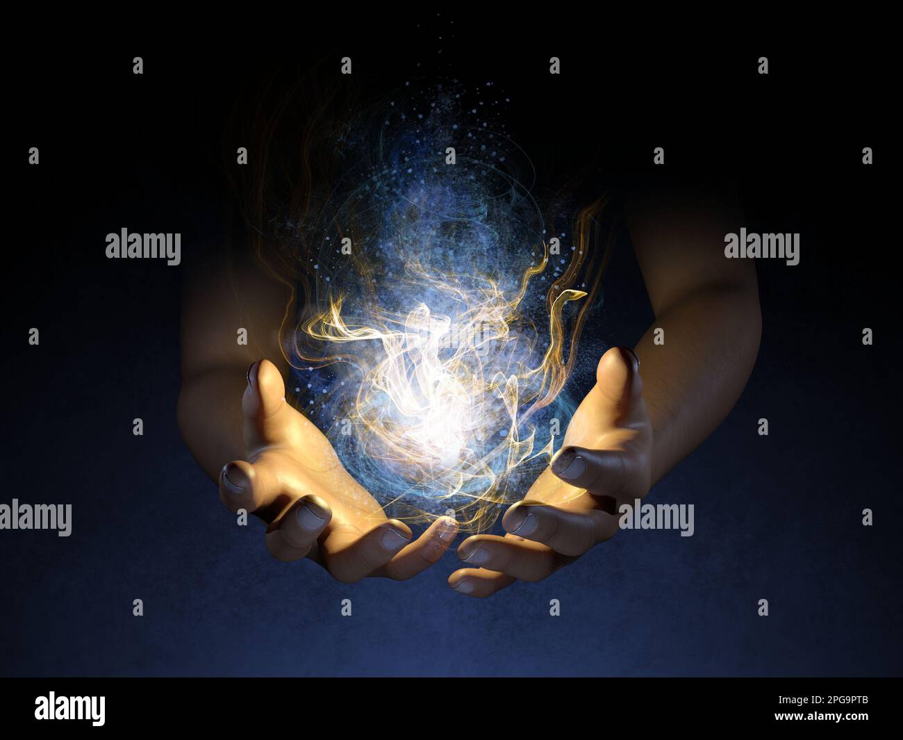 Offene Hände erzeugen eine glühende Energiemasse. Digitale Illustration, 3D-Rendering. Stockfoto