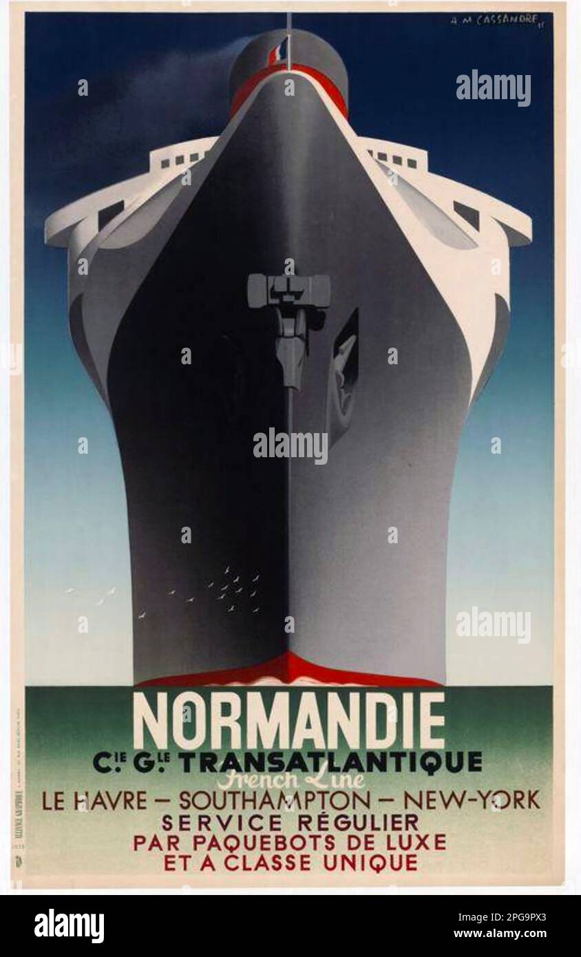 SS NORMANDIE das berühmte 1935-Poster des rekordverdächtigen transatlantischen Liners des ukrainischen Künstlers Adolphe Mouron, bekannt als Cassandre. Stockfoto
