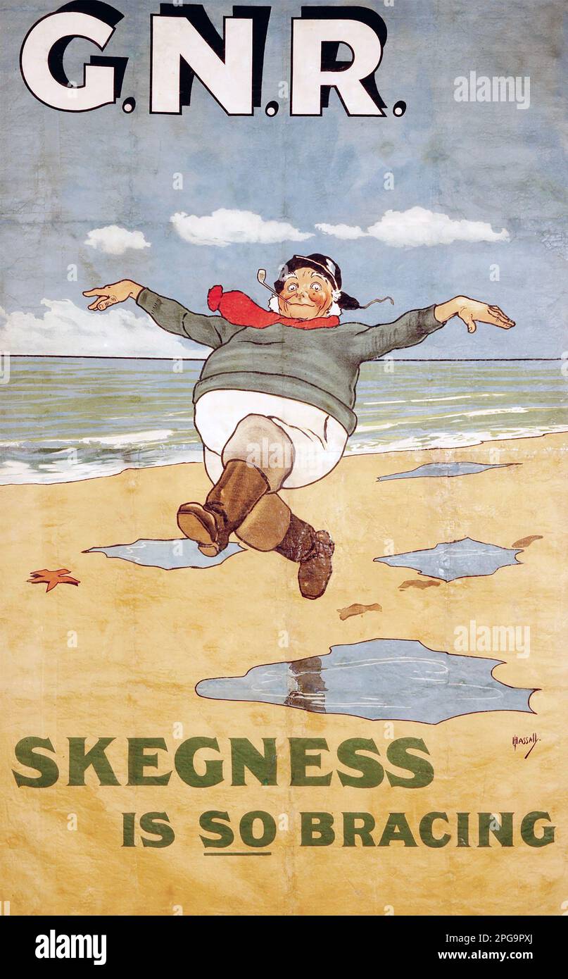 SKEGNESS IST SO BEGEISTERT von einer frühen Version von John Hassalls 1908-Poster für Great North Rail, das die Attraktionen der englischen Küstenstadt bekannt macht. Stockfoto