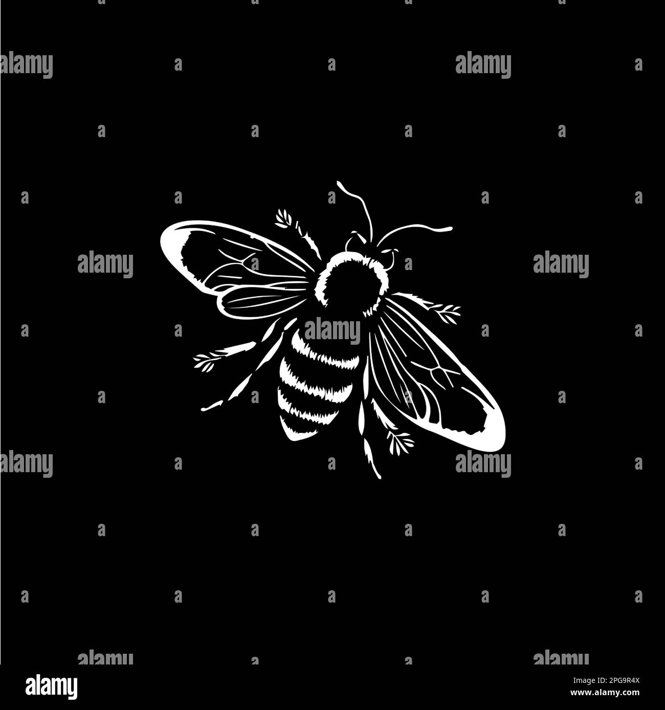 Minimalistische Logovorlage für Honigbienen, weißes Symbol für Bienensilhouette auf schwarzem Hintergrund, modernes Hummel-Logo, Skizze, Tattoo. Vektor Stock Vektor