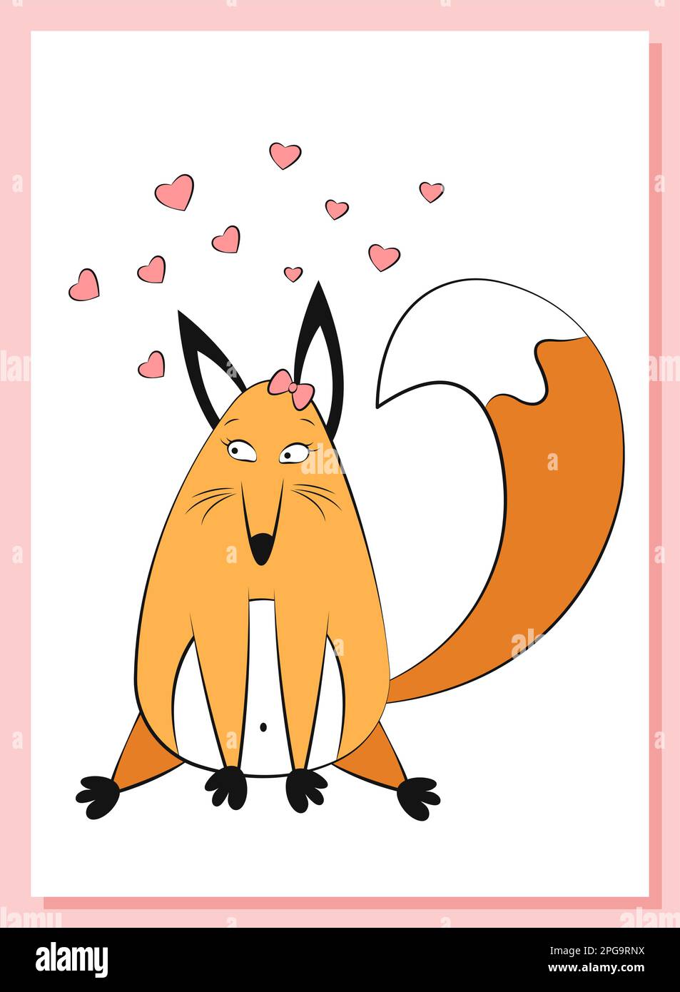 Kreative, niedliche Geschenkkarte zum Valentinstag. Ein lustiger, fetter Fuchs, der sich in rosa Herzen verliebt. Frauenfuchs mit flauschigem Schwanz. Gemütliche Kinderzeichnung einer Anim Stock Vektor