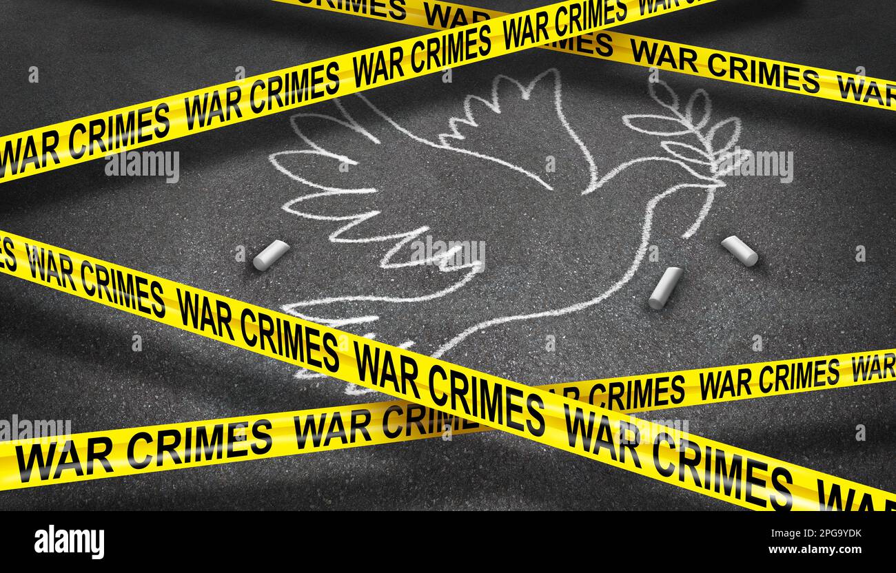 Kriegsverbrecherbegriff und internationales Strafgerichtskonzept als globale Kriegsgesetze und Tatort mit einer Taubenkreidezeichnung Stockfoto