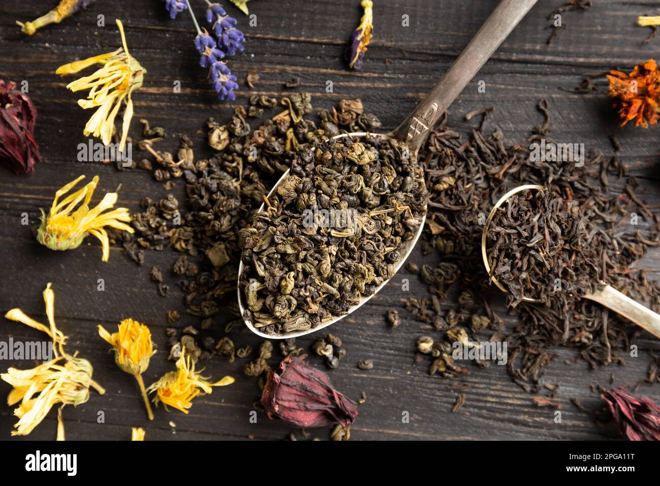Zusammensetzung von trockenem schwarzem und grünem Tee in alten Löffeln, trockenem Blumentee auf dunklem Holzhintergrund, Nahaufnahme von oben. Verschiedene Arten von trockenem Tee Stockfoto
