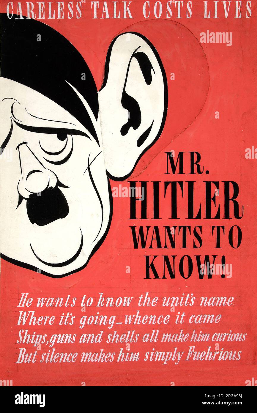 BRITISCHES WW2-PROPAGANDAPOSTER - Herr Hitler möchte mehr über n1940 erfahren Stockfoto