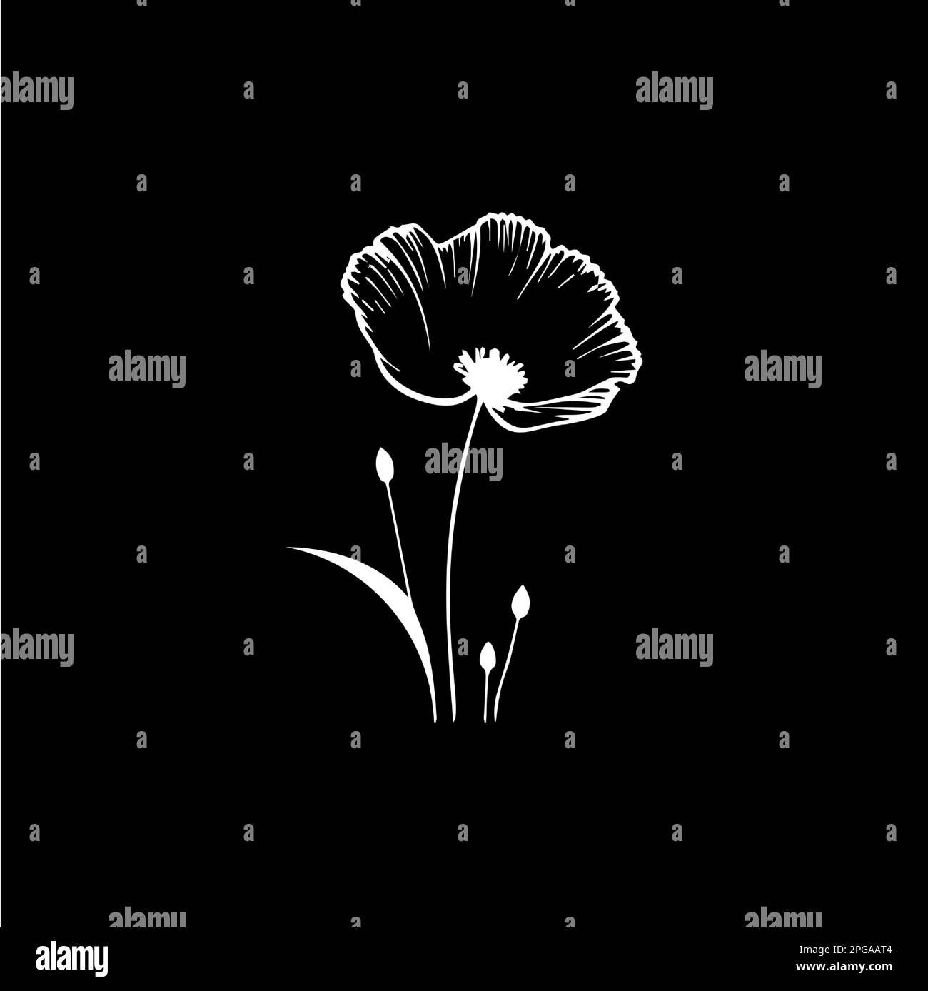 Vorlage für Mohnblumen-Logo, weißes Symbol für Blütenblätter Silhouette auf schwarzem Hintergrund, Boutique-Logo, kosmetisches Emblem, Tattoo Stock Vektor