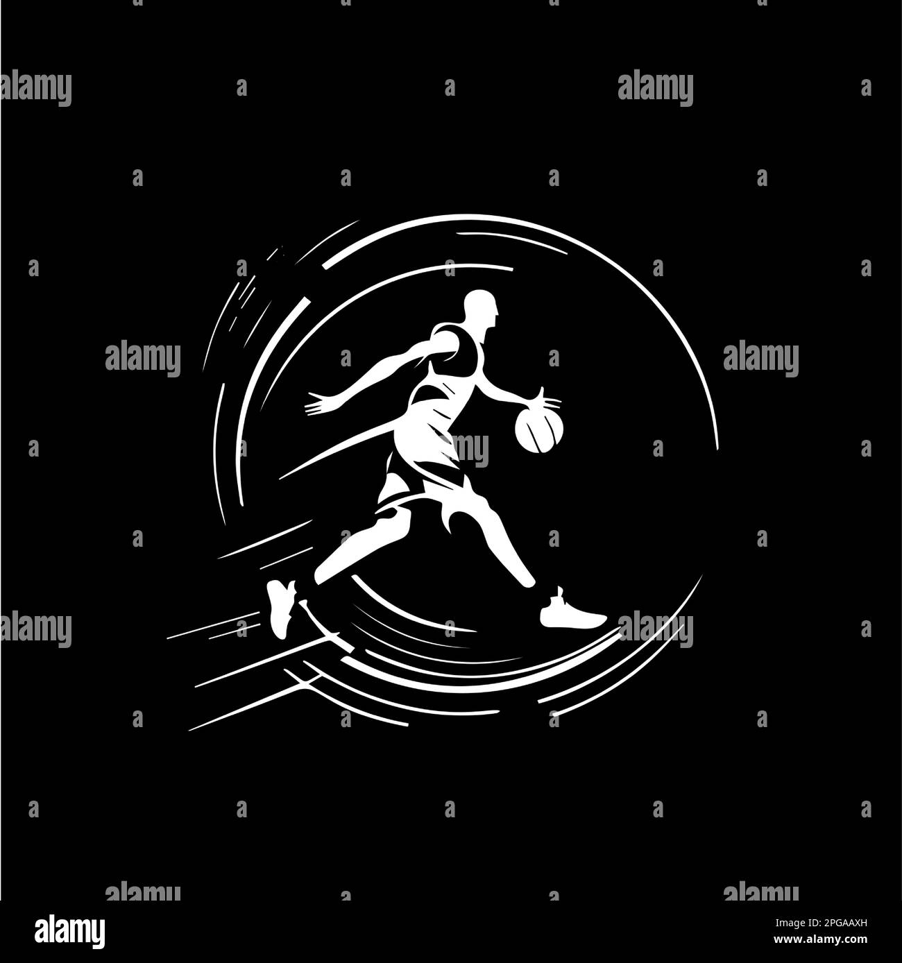 Weißes Emblem des Basketballspielers, Laufdribbeln mit Ball, Action-Spieler-Symbol, Logo-Vorlage, Hand-Malen-Tattoo-Silhouette auf Schwarz Stock Vektor