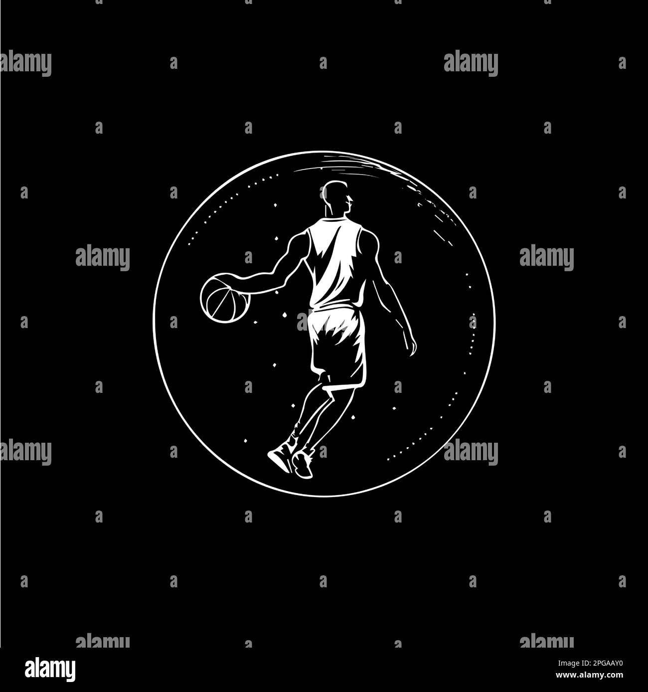 Weißes Emblem des Basketballspielers, Dribbeln mit dem Ball, Action-Spieler-Symbol, Logo-Vorlage, Handzeichn-Tattoo-Skizze auf schwarzem Hintergrund Stock Vektor