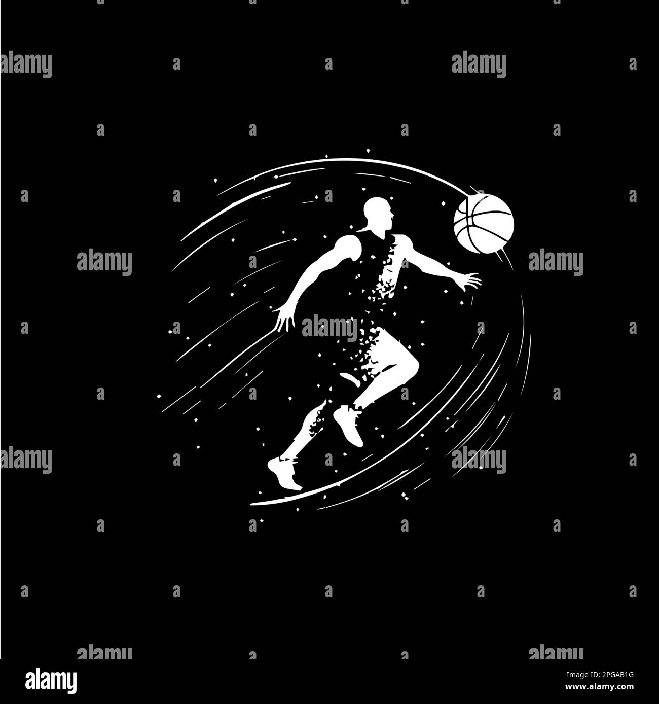 Weißes Emblem des Basketballspielers, Laufdribbeln mit Ball, Action-Spieler-Symbol, Logo-Vorlage, Hand-Malen-Tattoo-Silhouette auf Schwarz Stock Vektor