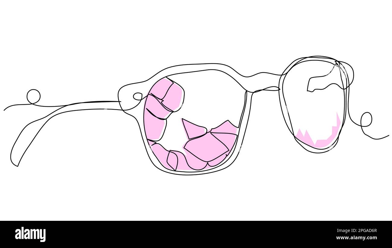 Zerbrochene rosafarbene Brille in einer Linie auf weißem Hintergrund. Das Konzept von gebrochener Hoffnung, Naivität, echtem Leben, Offenbarung. Darstellung des Rohteilvektors mit Bearbeitungstabelle Stock Vektor