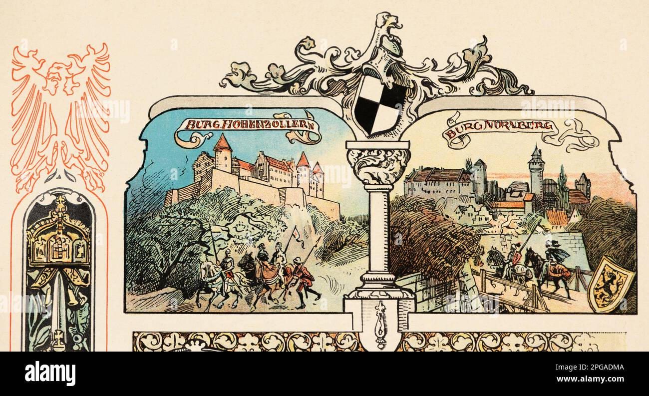 Blick auf die Burg Hohenzollern und Burg Nürnberg, Nürnberg, Geschichte der Hohenzollern, Preußen, historische Illustration 1899 Stockfoto