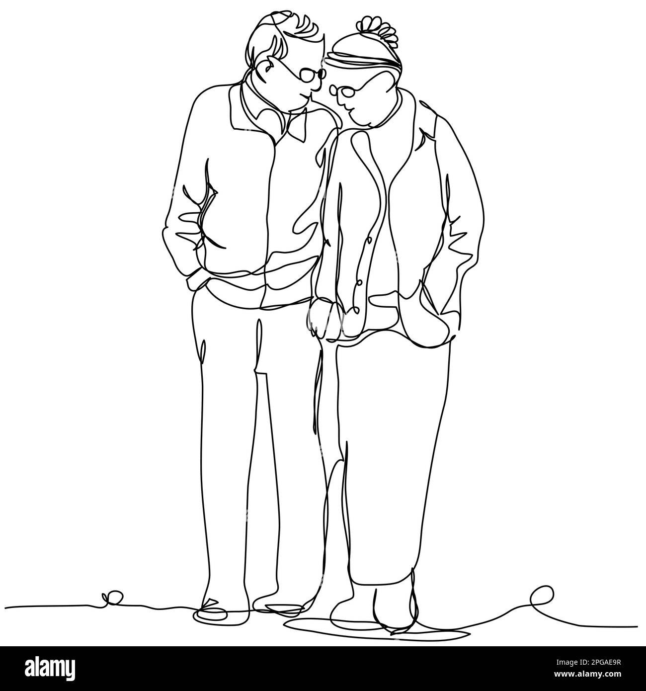 Glückliches Seniorenpaar, das sich umarmt und lächelt, isoliert auf weißem Hintergrund. Das Konzept der langen Liebe über die Jahre in einem minimalistischen Stil. St Stock Vektor