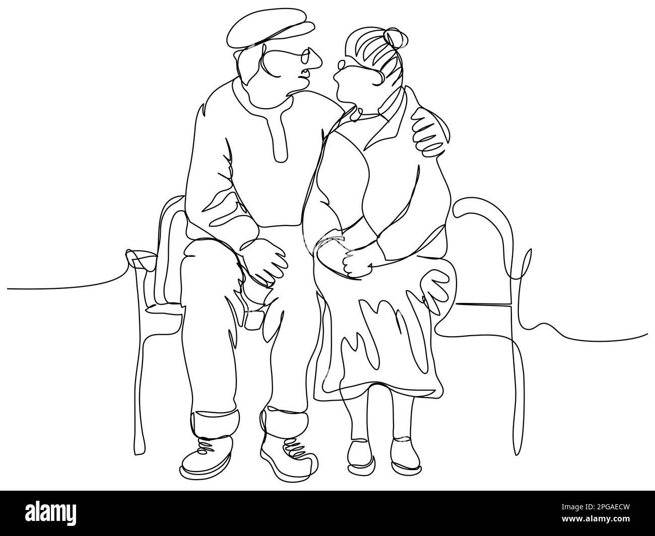 Ein älteres Paar sitzt auf einer Bank und umarmt sich in einer Reihe auf weißem Hintergrund. Das Konzept der glücklichen Liebe durch die Jahre in einem minimalistischen Stall Stock Vektor