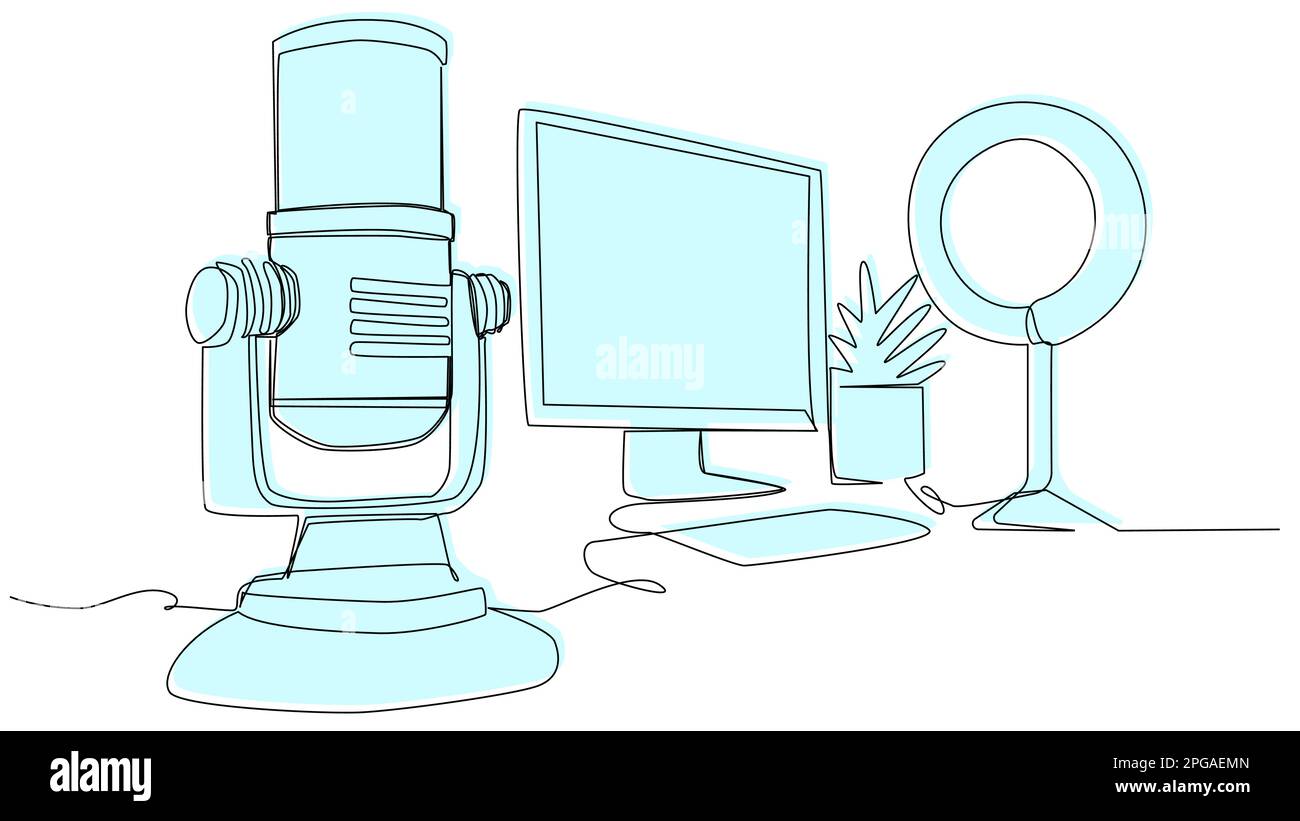 Studio-Mikrofon mit Computer und Lampe in einer Zeile auf weißem Hintergrund. Stock Vektor