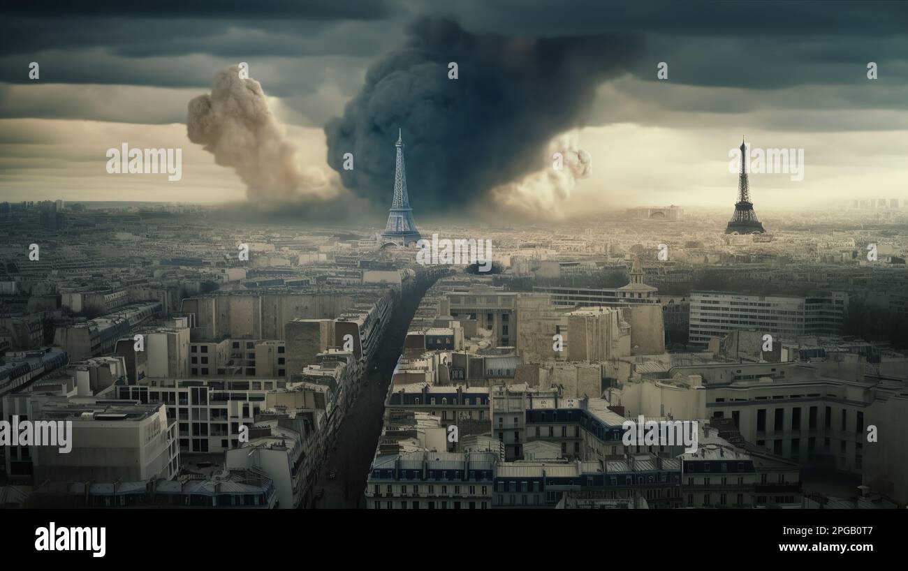 Ruinen einer Stadt nach dem atomaren Aufprall in Europa. AI GENERIERT Stockfoto