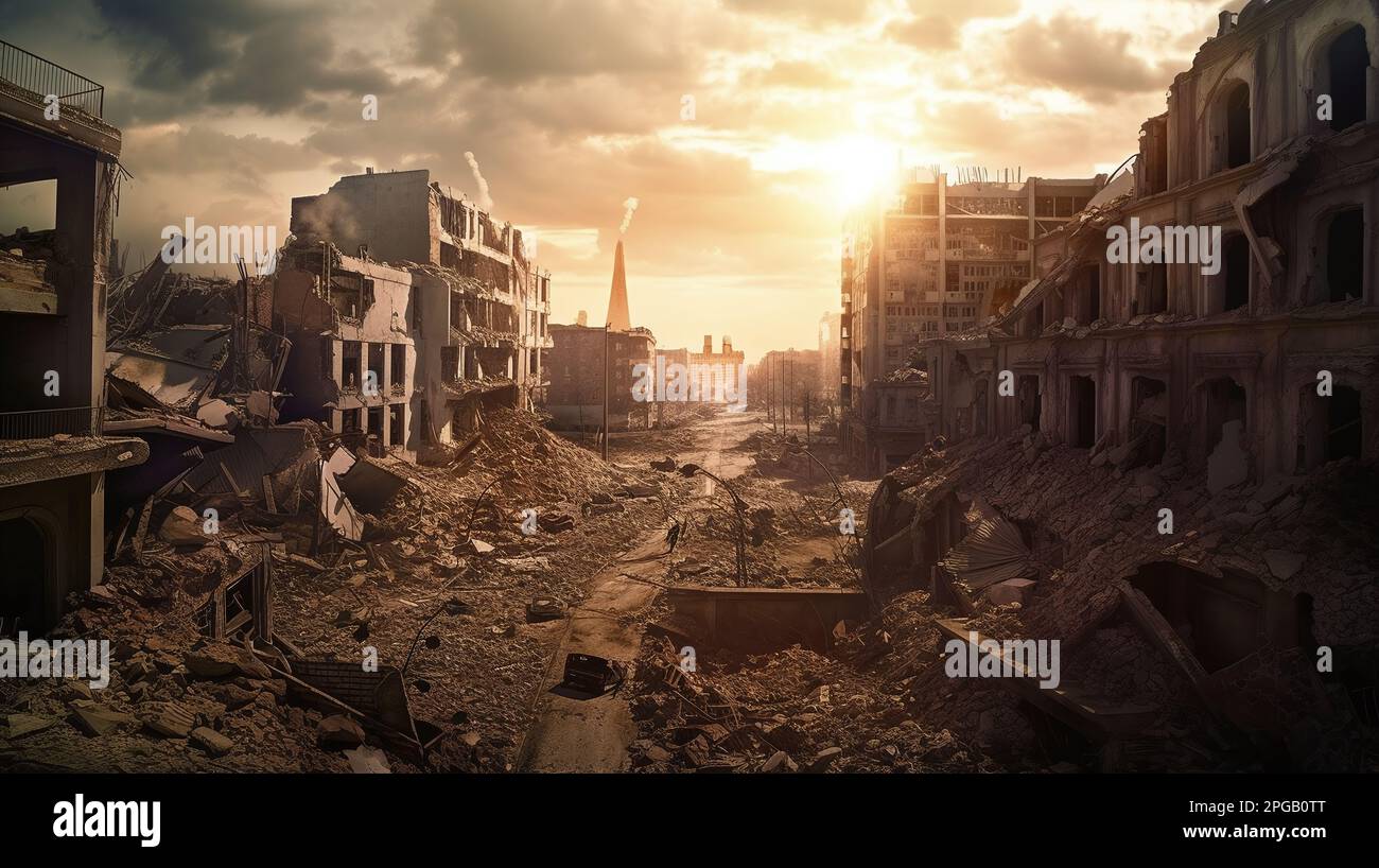 Ruinen einer Stadt nach dem atomaren Aufprall in Europa. AI GENERIERT Stockfoto