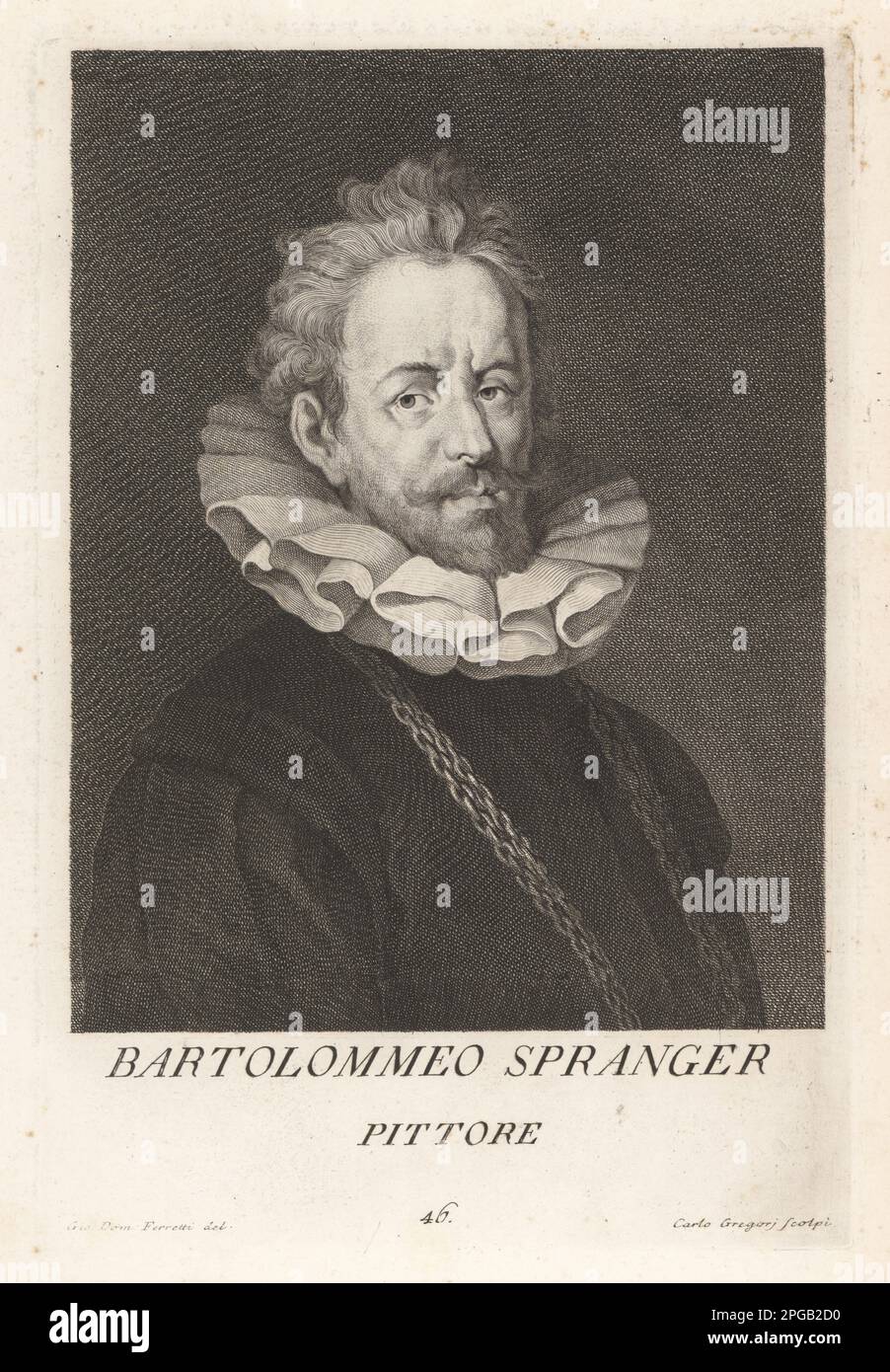 Bartholomeus Spranger oder Bartholomaeus Sprangher, Flämischer Maler, Zeichner, Bildhauer und Designer von Drucken, 1546-1627. Geboren in Antwerpen, studiert in Haarlem, arbeitete an Kardinal Farneses Villa Caprarola und Papst Pius V. in Belvidere. Bartolommeo Spranger, Pittore. Kupferplatten-Gravur von Carlo Gregori nach Giovanni Domenico Ferretti nach einem Selbstporträt des Künstlers aus Francesco Moucke's Museo Florentino (Museum Florentinum), Serie di Ritratti de Pittori (Serie von Porträts der Maler) stamperia Mouckiana, Florenz, 1752-62. Stockfoto Bartholomeus Spranger oder Bartholomaeus Sprangher, Flämischer Maler, Zeichner, Bildhauer und Designer von Drucken, 1546-1627. Geboren in Antwerpen, studiert in Haarlem, arbeitete an Kardinal Farneses Villa Caprarola und Papst Pius V. in Belvidere. Bartolommeo Spranger, Pittore. Kupferplatten-Gravur von Carlo Gregori nach Giovanni Domenico Ferretti nach einem Selbstporträt des Künstlers aus Francesco Moucke's Museo Florentino (Museum Florentinum), Serie di Ritratti de Pittori (Serie von Porträts der Maler) stamperia Mouckiana, Florenz, 1752-62. Stockfoto
