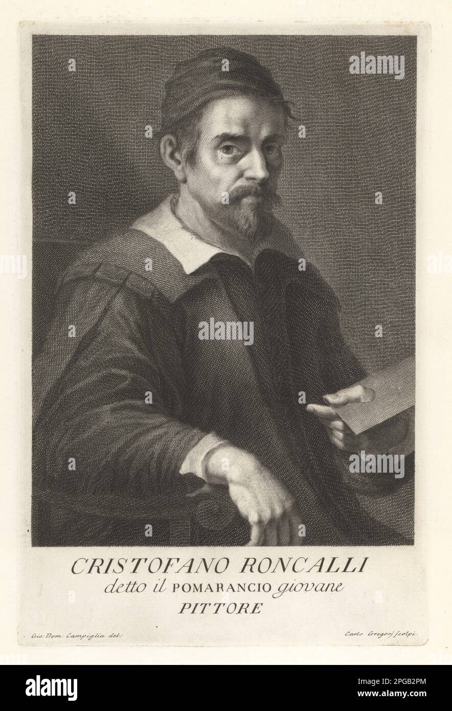 Cristoforo oder Cristofano Roncalli, italienischer Maler, 1552-1626. Arbeitete an der Capella Clementina für Paul V. und die Basilika St. John Lateran. Bekannt als Il Pomarancio giovane oder Dalle Pomarance. Kupferplatten-Gravur von Carlo Gregori nach Giovanni Domenico Campiglia nach einem Selbstporträt des Künstlers aus Francesco Moucke's Museo Florentino (Museum Florentinum), Serie di Ritratti de Pittori (Serie von Porträts der Maler) stamperia Mouckiana, Florenz, 1752-62. Stockfoto