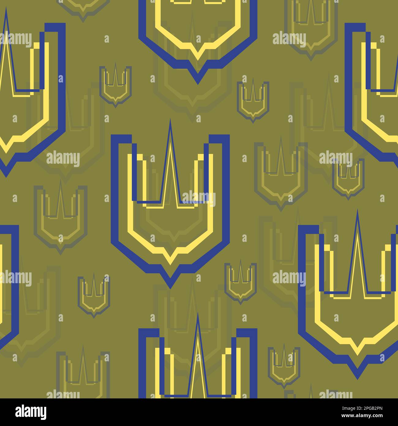 Nahtloses Muster. Dreizack-Emblem auf dem Schild. Symbol der ukrainischen Armee. Militärabzeichen. Farbige Vektordarstellung isoliert auf grünem Hintergrund. Stock Vektor