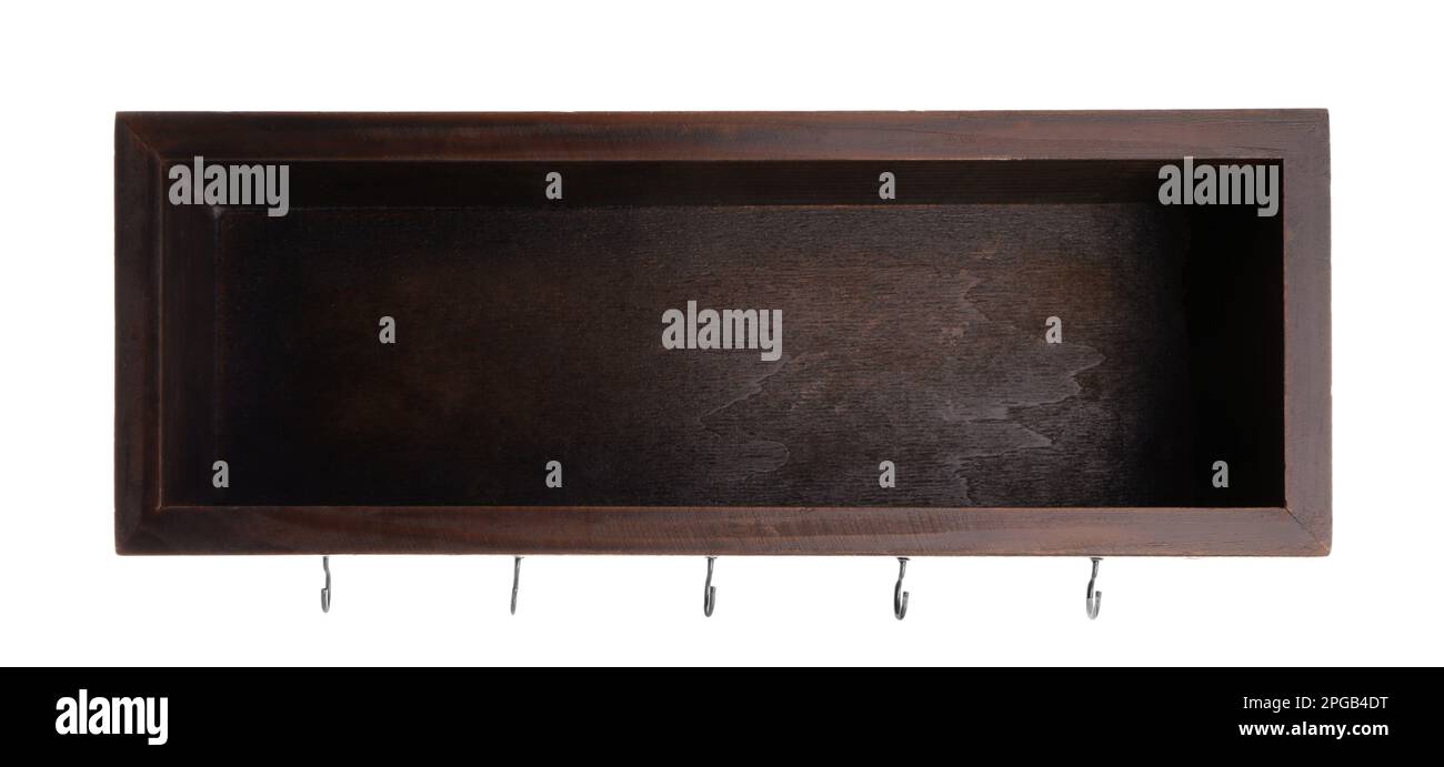 Eleganter Holzbügel für Schlüssel auf weißem Hintergrund Stockfoto