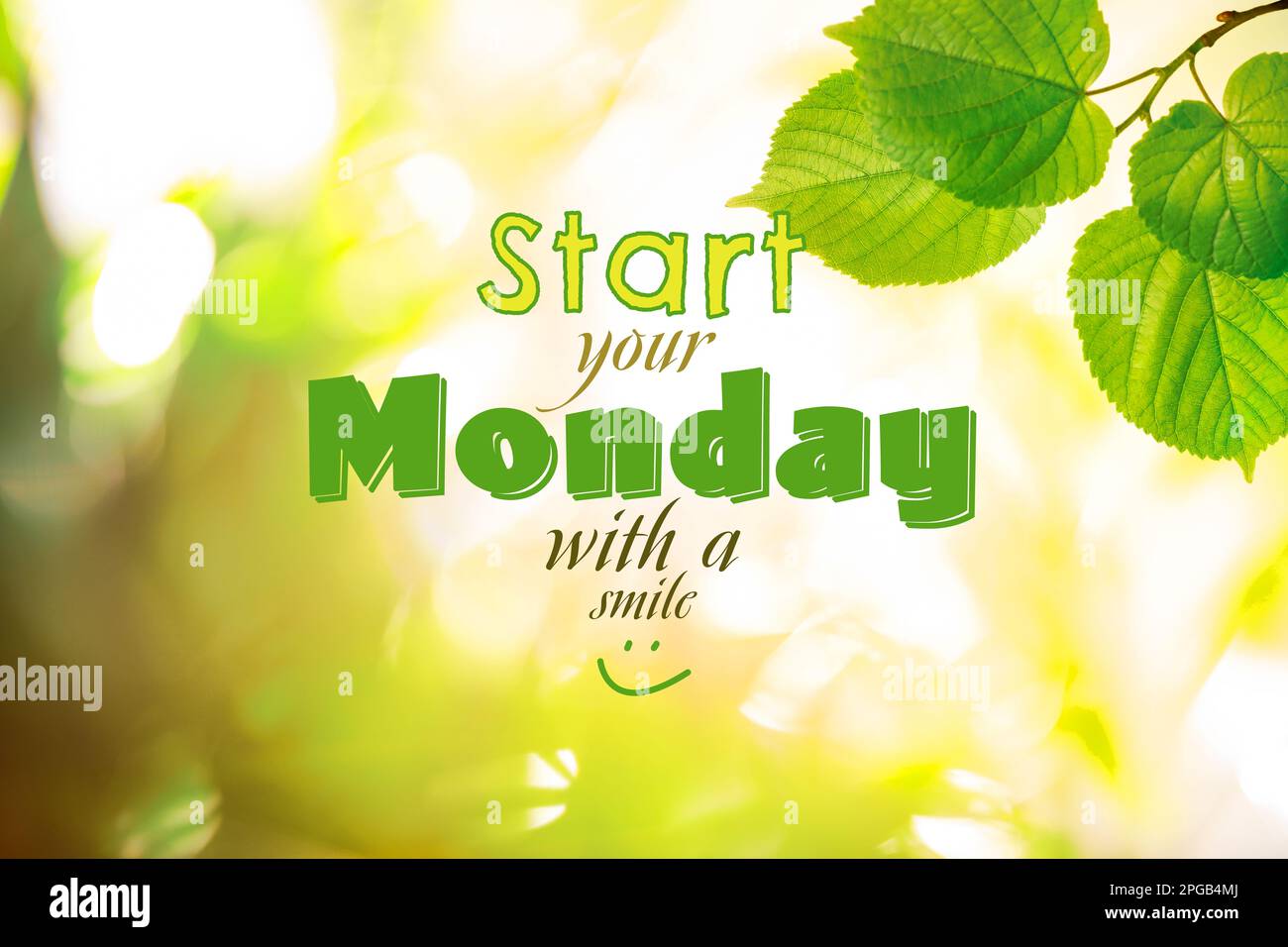 Motivierendes Zitat Beginnen Sie Ihren Montag mit einem Lächeln und grünen Blättern auf unscharfem Hintergrund. Bokeh-Effekt Stockfoto
