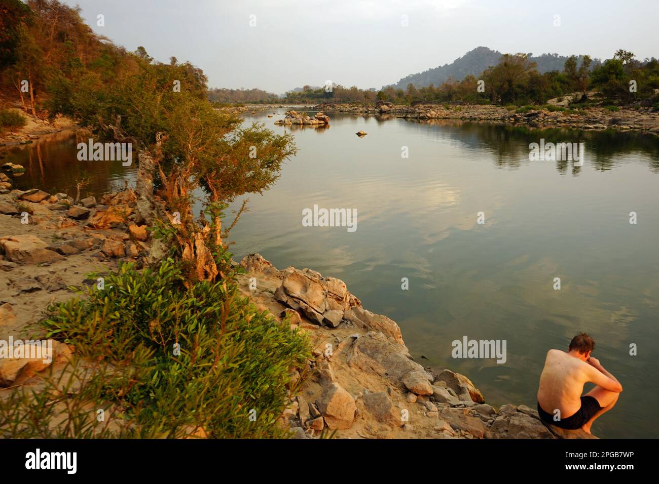 Abendliche Atmosphäre, Ufer des Mekong, Don Khon, Si Phan Don, 4000 Inseln, Südlaos, Laos Stockfoto