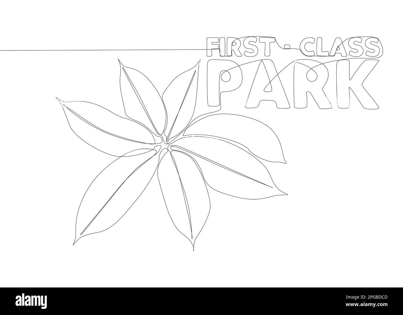 Eine durchgehende Zeile des First-Class-Park-Wortes mit Pflanzenblatt. Vektorkonzept zur Darstellung dünner Linien. Kontur Zeichnen kreativer Ideen. Stock Vektor