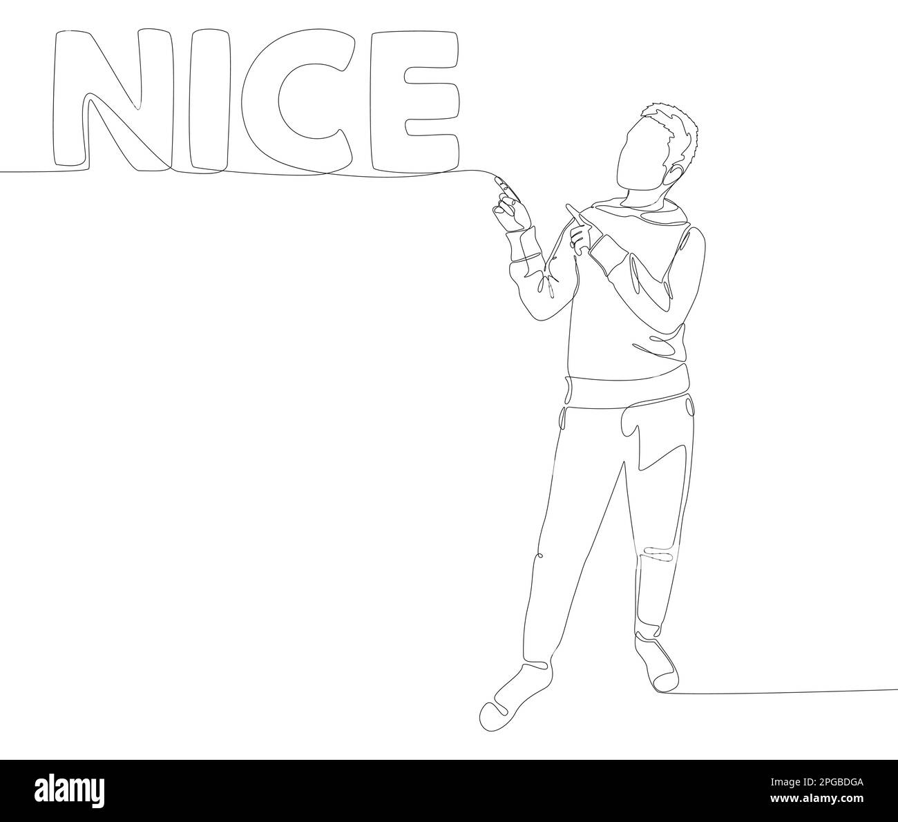 Eine durchgehende Linie von Mann, der mit dem Finger auf das Wort Nizza zeigt. Vektorkonzept zur Darstellung dünner Linien. Kontur Zeichnen kreativer Ideen. Stock Vektor