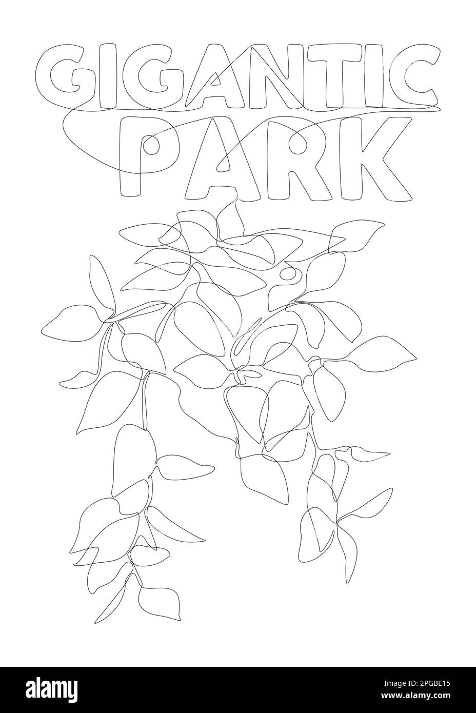 Eine durchgehende Zeile gigantischer Park-Wort mit Pflanzenblättern. Vektorkonzept zur Darstellung dünner Linien. Kontur Zeichnen kreativer Ideen. Stock Vektor