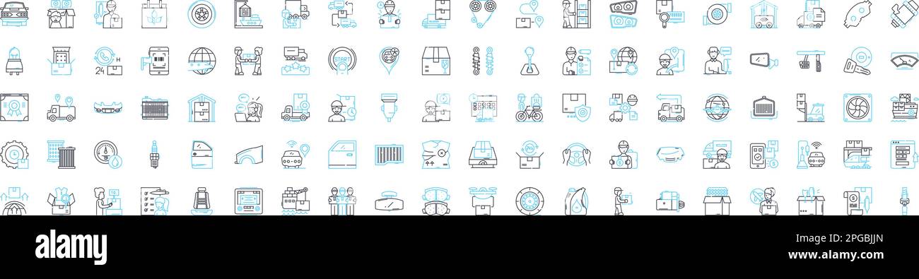 Symbole für Vektorlinien für Transportfahrzeuge festgelegt. Auto, Bus, Lkw, Van, Flugzeug, Darstellung von Booten und Motorrädern, umreißt Symbole und Schilder Stock Vektor