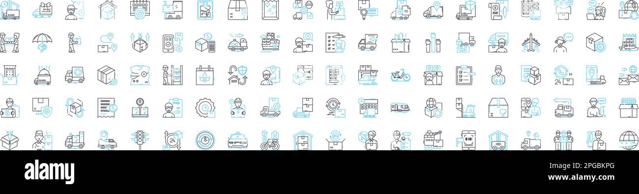 Vektorliniensymbole für Logistikdienste festgelegt. Logistik, Services, Lieferung, Versand, Fracht, Management, Darstellung der Konzeptsymbole und Stock Vektor