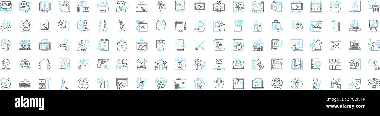 Symbolgruppe für digitale Bildvektorlinien. Digital, Kunst, Grafik, Design, Illustration, Fotografieren, Malen, Zeichnen, Umriss von Konzeptsymbolen und Schildern Stock Vektor