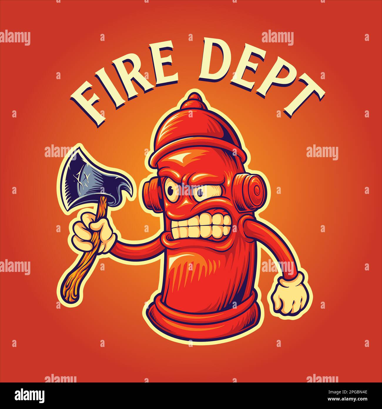 Unheimlich wütende Hydranten Feuerwehr Axt Logo Cartoon Illustrationen Vektor für Ihr Arbeitslogo, Merchandise-T-Shirt, Aufkleber und Etikettendesigns, Poster Stock Vektor