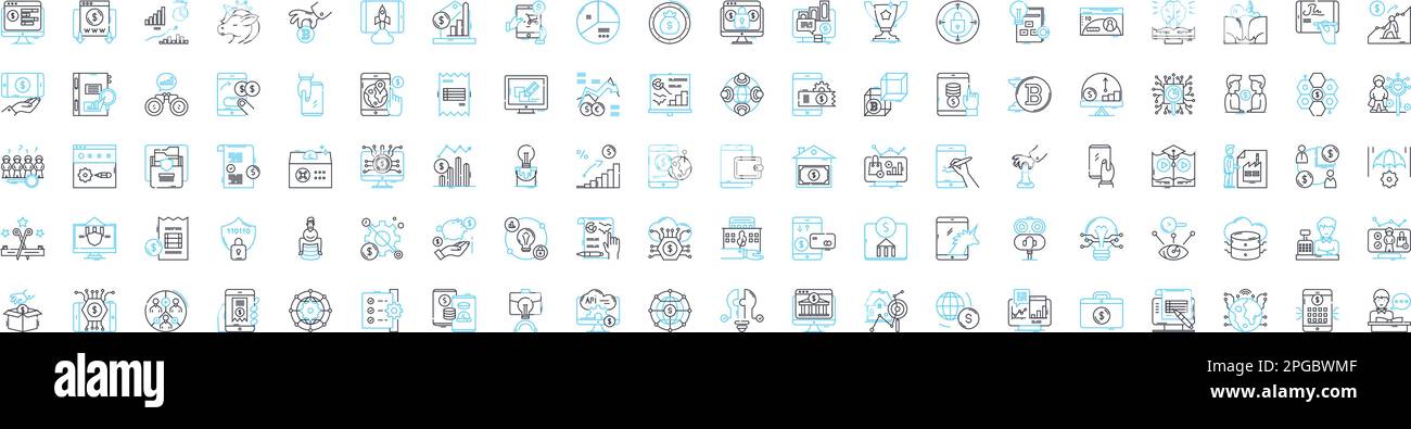 Symbole für Vektorlinien in der Finanzplanung festgelegt. Geld, Planung, Vermögen, Investitionen, Einsparungen, Budgetierung, Steuerdarstellung, Konzipsymbole und -Zeichen Stock Vektor