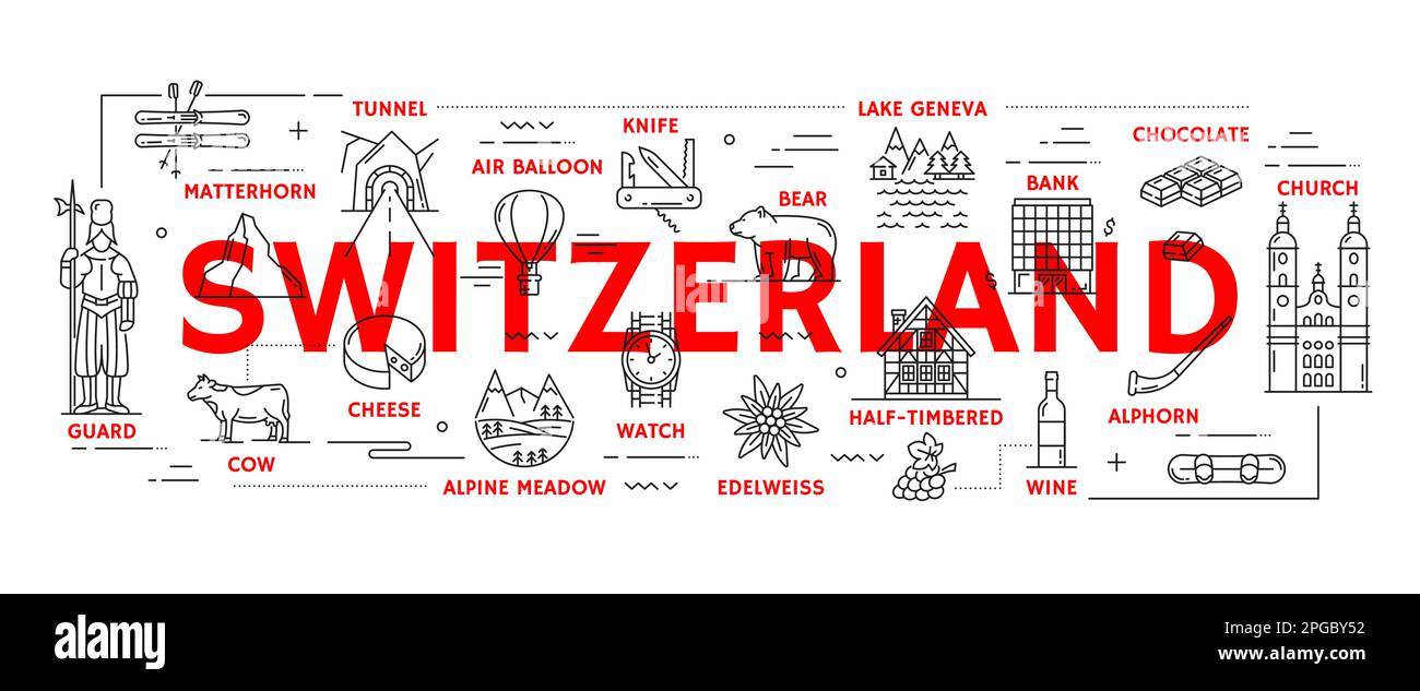 Reisesymbole für die Schweiz. Europa Urlaubsreisen, Schweizer Wahrzeichen umreißen Vektorbanner mit Ski, Genfer See, Wache und Kirche, Bär, Halbtimb Stock Vektor