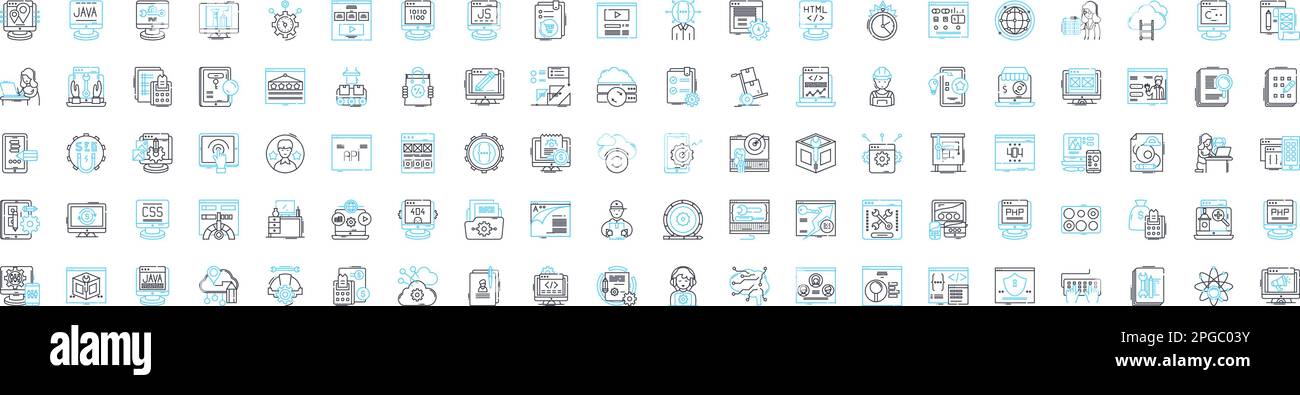 Programmieren der Vektorliniensymbole. Programmierung, Codierung, Skripterstellung, Codierungssprache, Algorithmus, Debugging, Software-Illustration, Konzept Stock Vektor