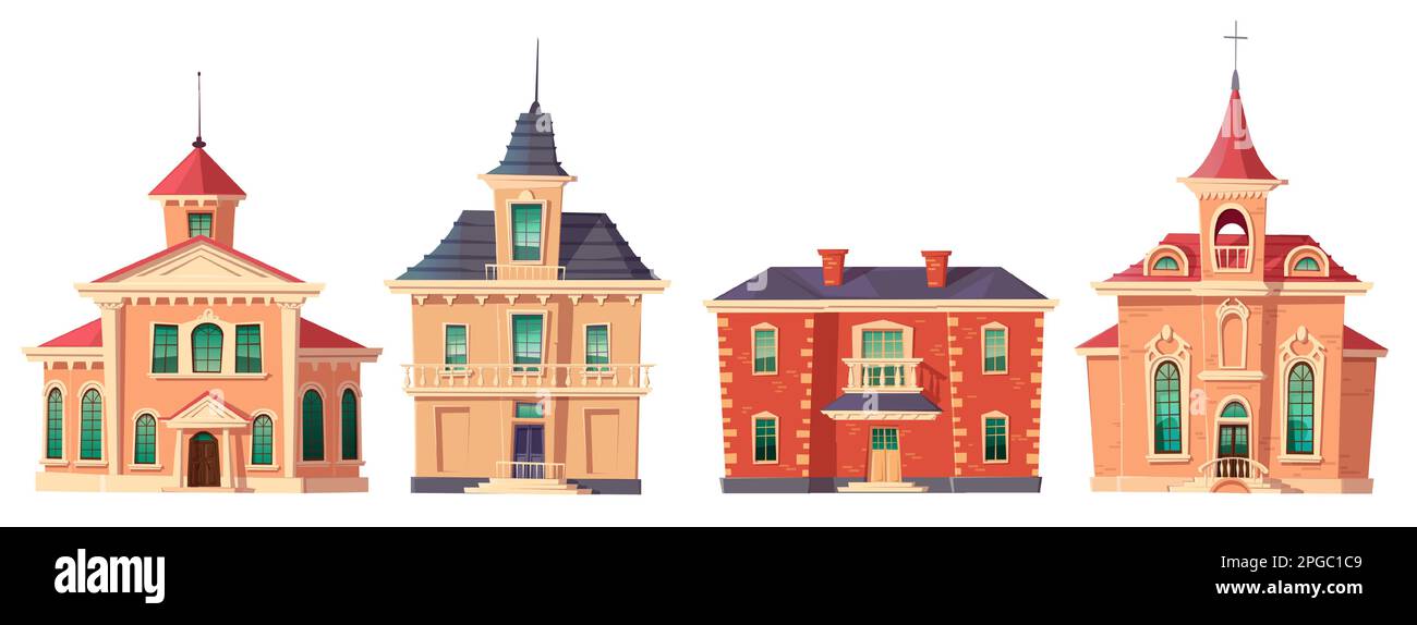 Urbanes Gebäude im Kolonialstil im Retro-Stil, Cartoon-Vektorset-Illustration. Alte Wohn- und Regierungsgebäude, viktorianisches Haus aus dem 18. Jahrhundert mit Balkon und Turm isoliert auf weißem Hintergrund Stock Vektor