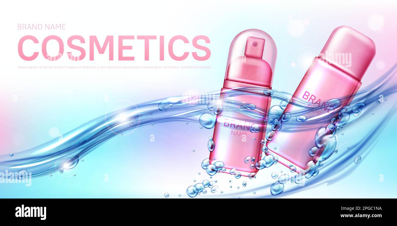 Kosmetisches feuchtigkeitsspendendes Schönheitsprodukt im Wasserfluss realistisches Vektorposter. Rosa elegante Sprühflasche für Damendeodorant zur empfindlichen Hautpflege, schwimmend in sprudelndem Wasser mit Blasen und Lichtreflexionen Stock Vektor