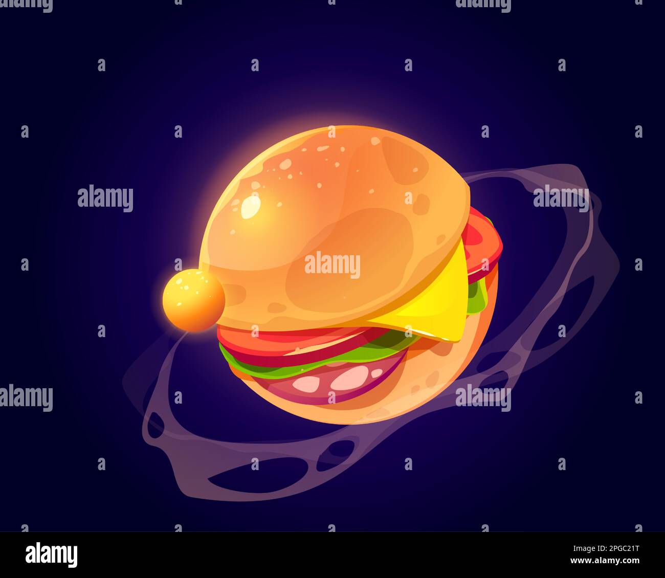 Burger-Planet im Weltraum. Vektor-Cartoon, lustige Kunst des Lebensmittelplaneten, Sphäre mit Hamburger-Textur in Kosmos. Illustration für gui eines Fantasiespieles über die leckere Galaxiewelt Stock Vektor