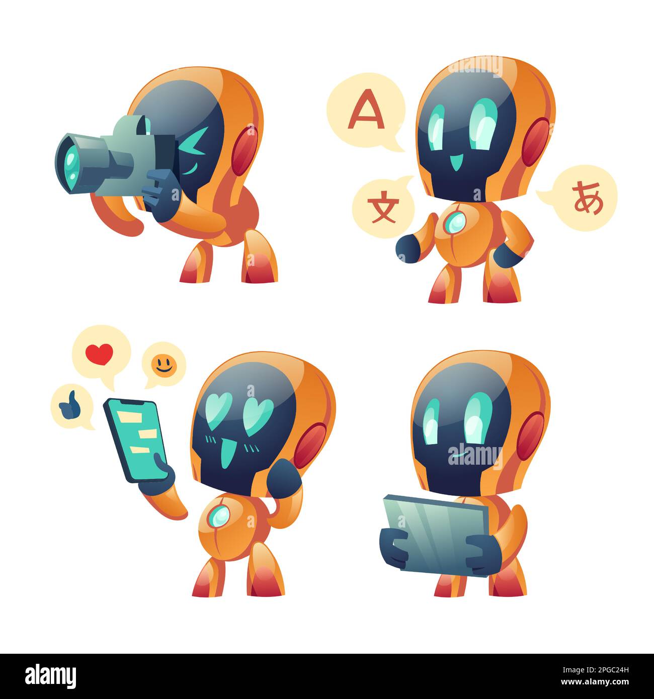 Süße Chat bot-Cartoon-Vektorset-Illustration. Gelber, lustiger, intelligenter Gesprächsroboter, Assistent mit Tablet und fotokamera, Lesen von Nachrichten auf dem Mobiltelefon, Online-Übersetzer isoliert auf Weiß Stock Vektor