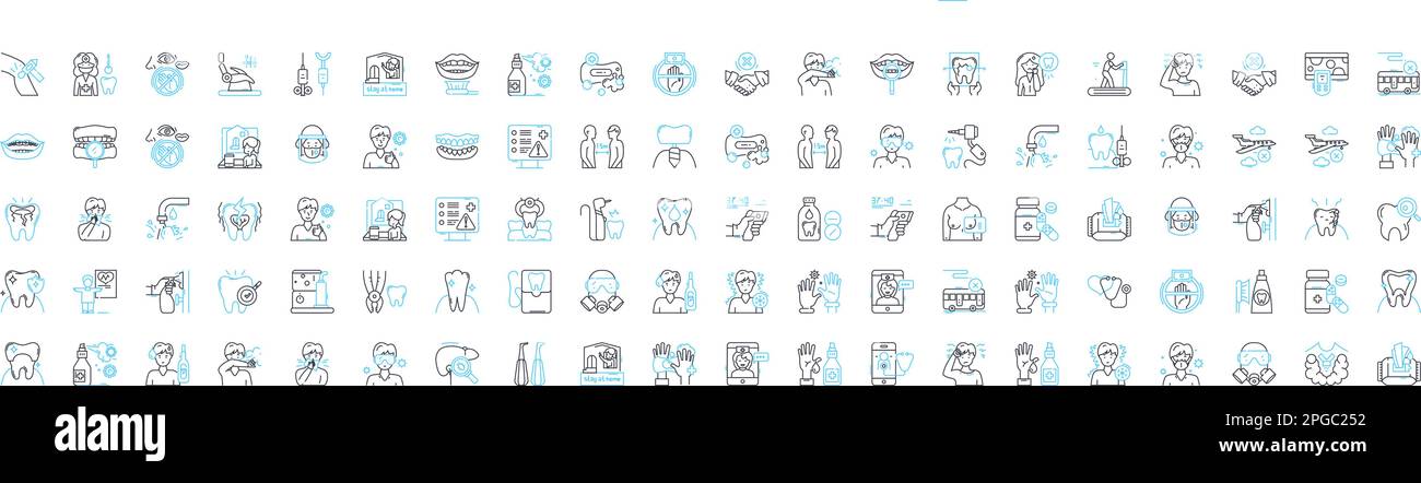 Zahnpflege-Vektorliniensatz. Zahnheilkunde, Mundheilkunde, Zähne, Hygiene, Putzen, Zahnseide, Füllungen Illustration umreißt Konzeptsymbole und -Zeichen Stock Vektor