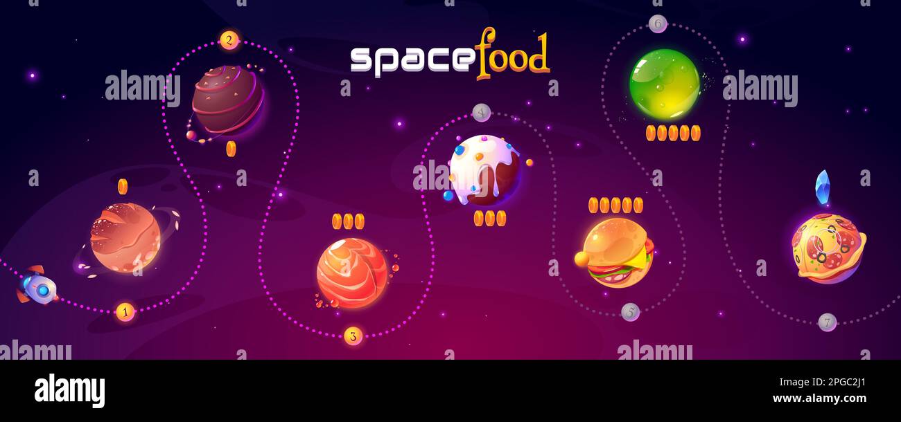Weltraum-Food-Level-Karte. Vector ui Spiel Design mit Rakete im lustigen Universum mit außerirdischen Planeten mit Pizza, Schokoladenbonbons, Burger und Brotstruktur Stock Vektor