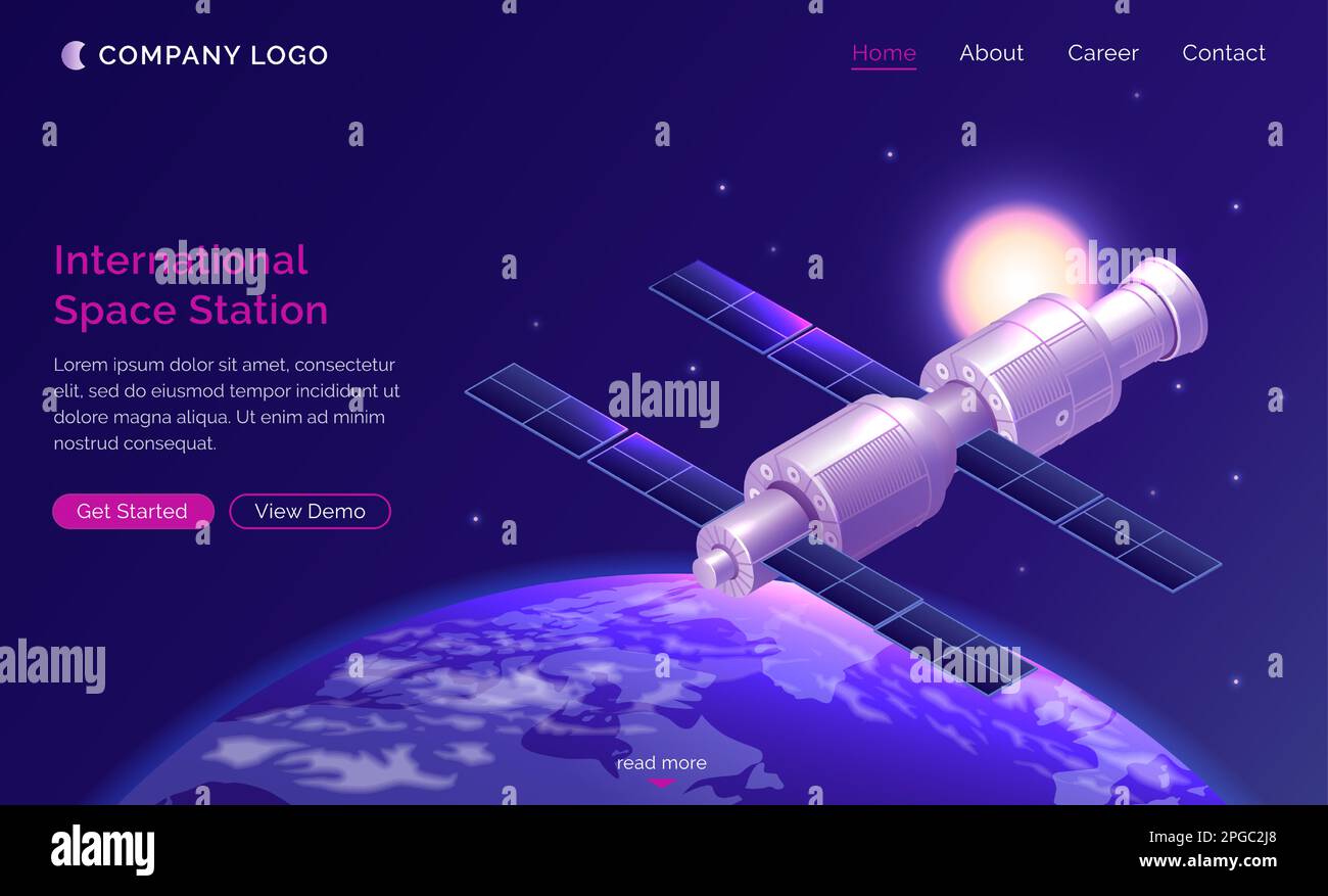 Isometrische Landing Page der internationalen Raumstation, Satelliten- oder Raumschiff, das die Erde im Sternenhimmel umkreist, iss-COSMOS-Erforschung, wissenschaftliche Mission des äußeren Universums, 3D-Vektordarstellung, Webbanner Stock Vektor