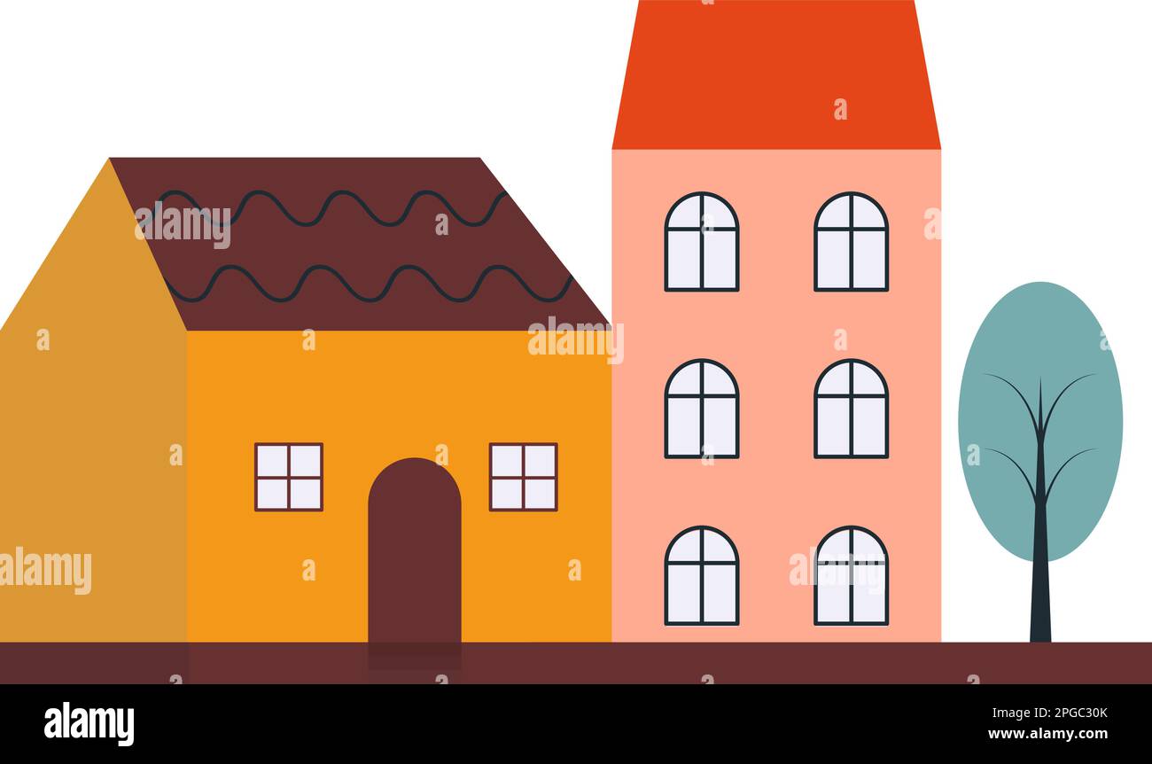 Vektorhäuser in verschiedenen Farben mit einem Baum in der Nähe, Stufe 10. Gelbes Vektorhaus mit zwei Fenstern und ein rosafarbenes dreistöckiges Haus mit sechs Fenstern und einem Stock Vektor