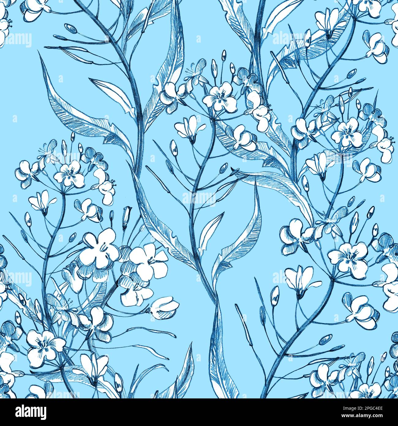 Zeichnen Sie Blumen mit nahtlosen Mustern von Hand im Vintage-Stil. Blumen, Blätter und Kräuter. Botanische Illustrationen. Stockfoto