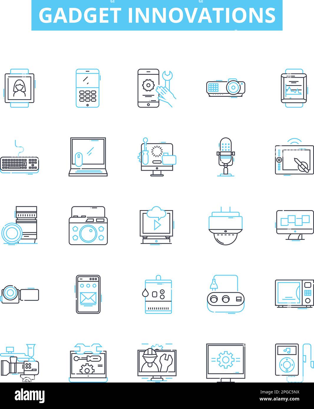 Vektorlinien-Symbole für Gadget-Innovationen. Technik, Gadgets, Innovation, Robotik, Smartphone, KI, Darstellung der Wearables umreißt die Symbole und Stock Vektor