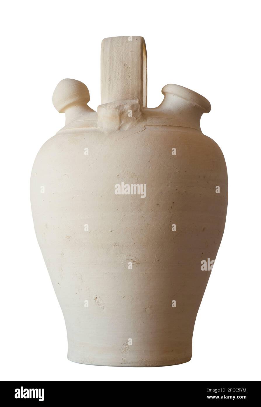 Weißes Steingut botijo, traditionelle Tontopf-Kanne für frisches Wasser. Isoliert über weiß Stockfoto