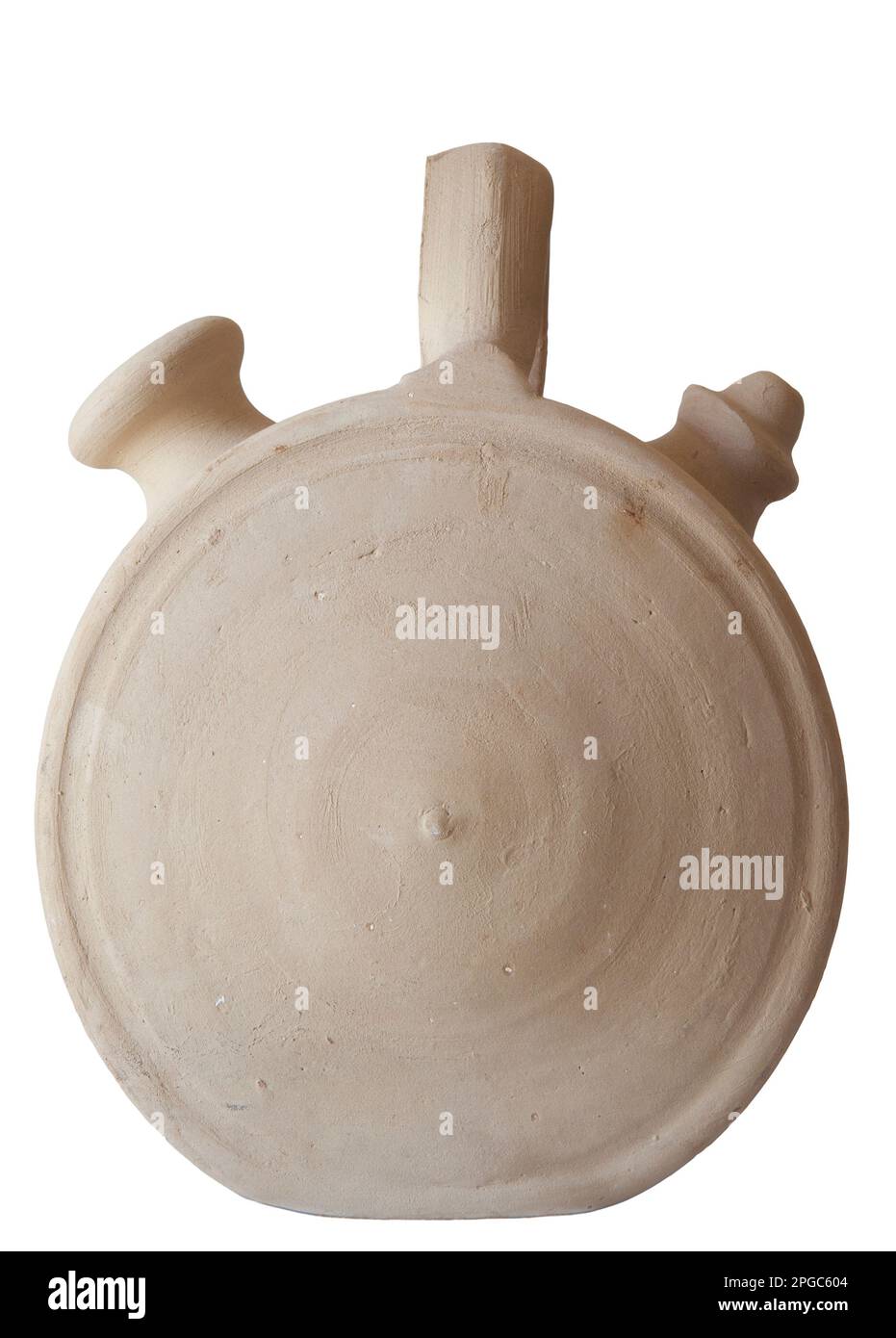 Weißes Steingut botijo, traditionelle Tontopf-Kanne für frisches Wasser. Kreisförmige Form Stockfoto