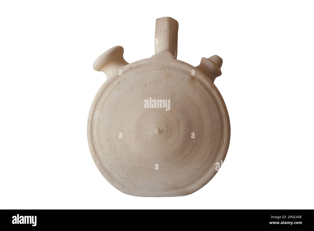 Weißes Steingut botijo, traditionelle Tontopf-Kanne für frisches Wasser. Kreisförmige Form Stockfoto