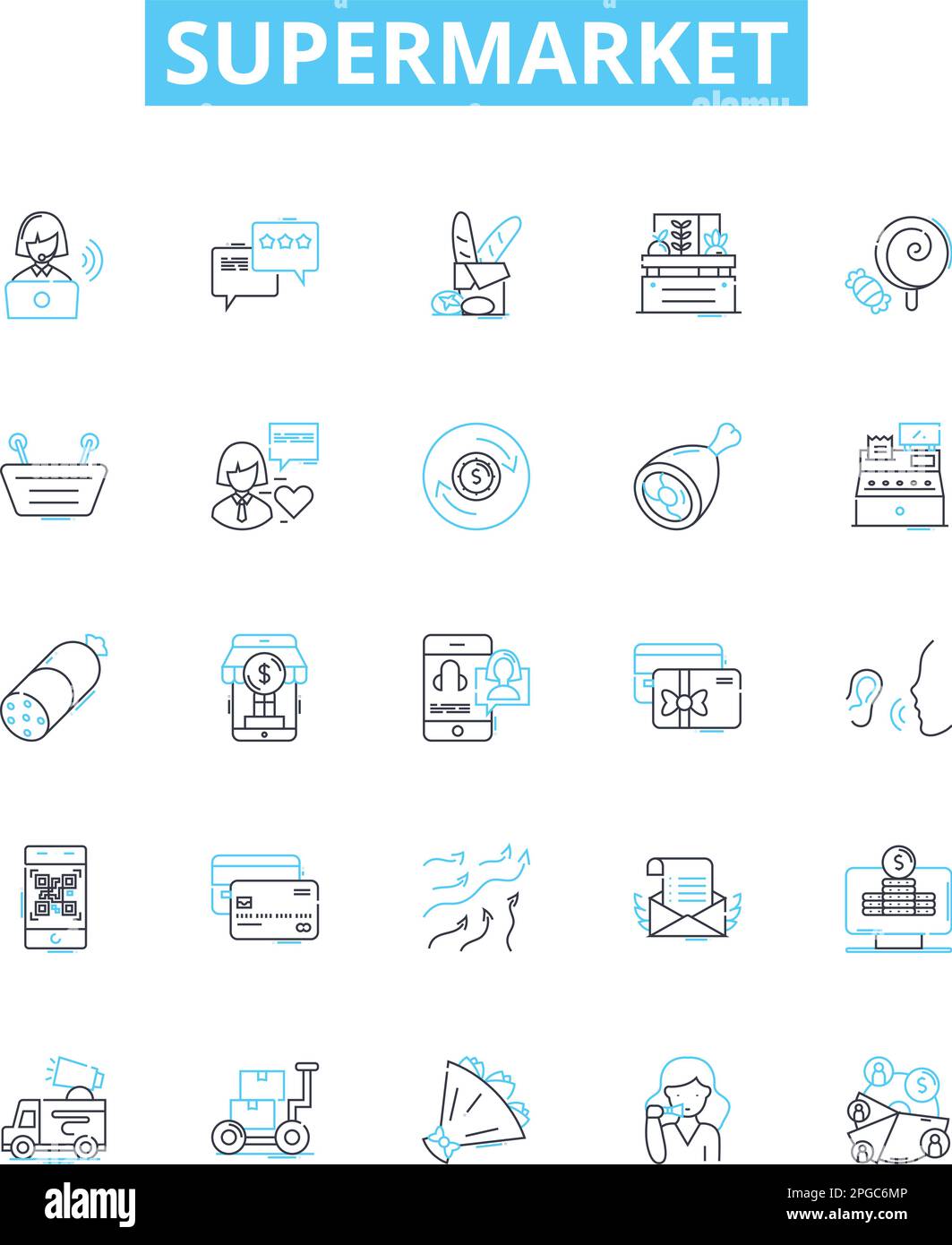 Symbolsatz für Vektorlinien für Supermärkte. Lebensmittel, Geschäft, Markt, Einkaufen, Outlet, Einzelhandel, Superstore Illustration umreißt Konzeptsymbole und -Schilder Stock Vektor